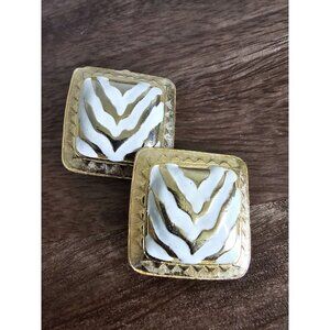 Vintage Gold Tone White Animal Zebra Stripe Square Button Clip On Earrings
